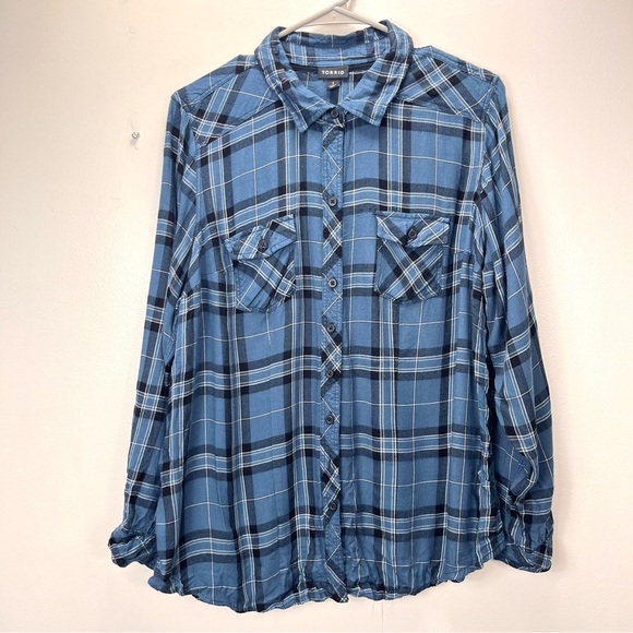Torrid Blue Plaid Challis Button Down Long Sleeve Twill Camp Shirt Size 1X - Picture 5 of 10